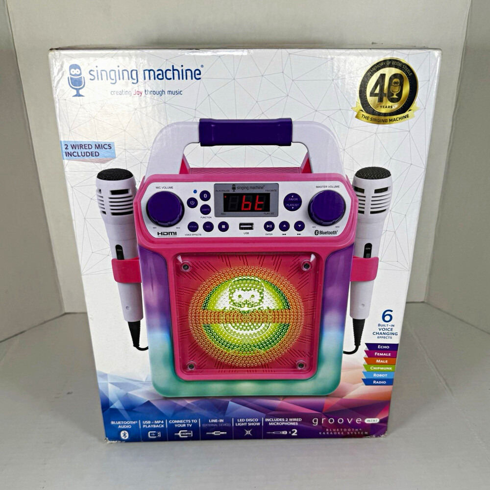 Singing Machine SML654P Bluetooth Voice Effects Karaoke System Pink/Purple Mic